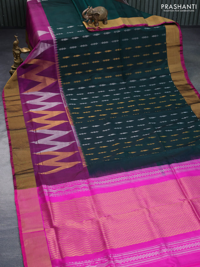 Pure uppada silk saree dark green and pink with allover silver & gold zari woven buttas and long zari woven border