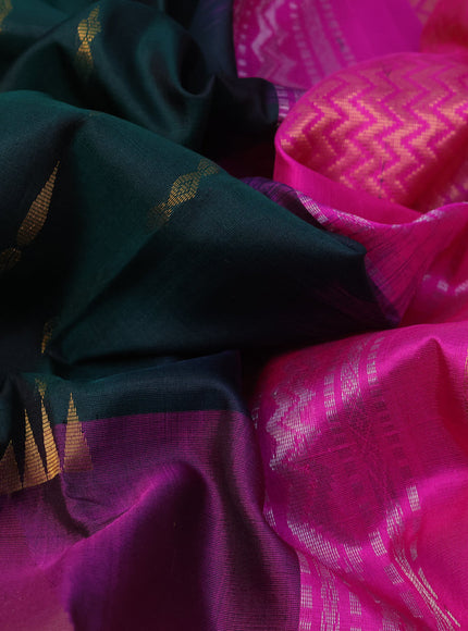 Pure uppada silk saree dark green and pink with allover silver & gold zari woven buttas and long zari woven border