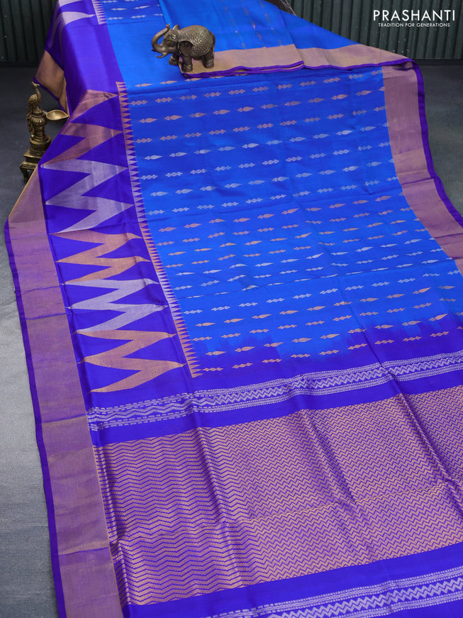 Pure uppada silk saree cs blue and blue with silver & gold zari woven buttas and zari woven border