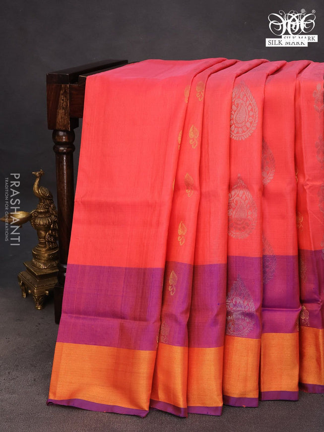 Pure uppada silk saree peach pink and blue with silver & gold zari woven buttas and zari woven border