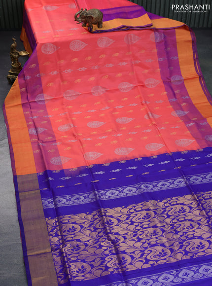 Pure uppada silk saree peach pink and blue with silver & gold zari woven buttas and zari woven border