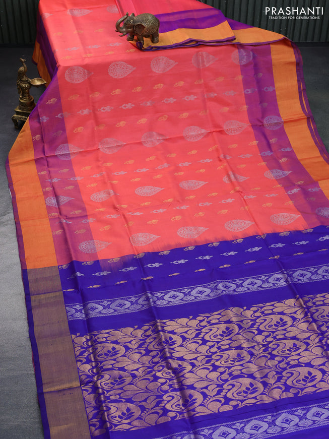 Pure uppada silk saree peach pink and blue with silver & gold zari woven buttas and zari woven border