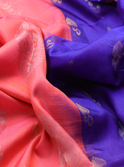 Pure uppada silk saree peach pink and blue with silver & gold zari woven buttas and zari woven border