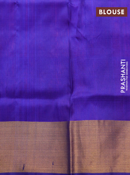 Pure uppada silk saree peach pink and blue with silver & gold zari woven buttas and zari woven border