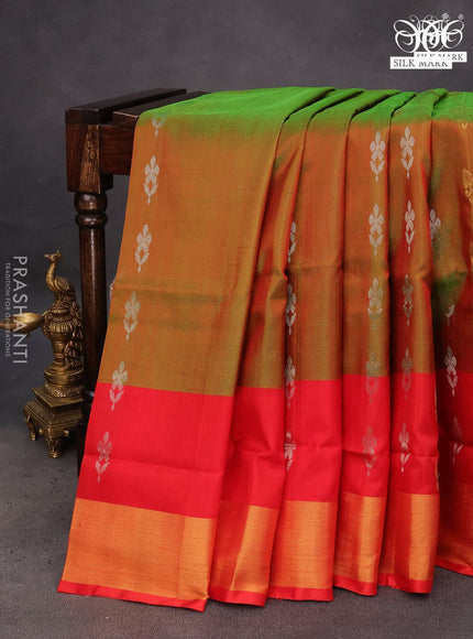 Pure uppada silk saree manthulir green and red with silver & gold zari woven buttas and zari woven border