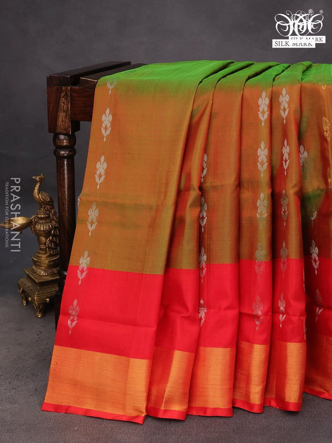 Pure uppada silk saree manthulir green and red with silver & gold zari woven buttas and zari woven border