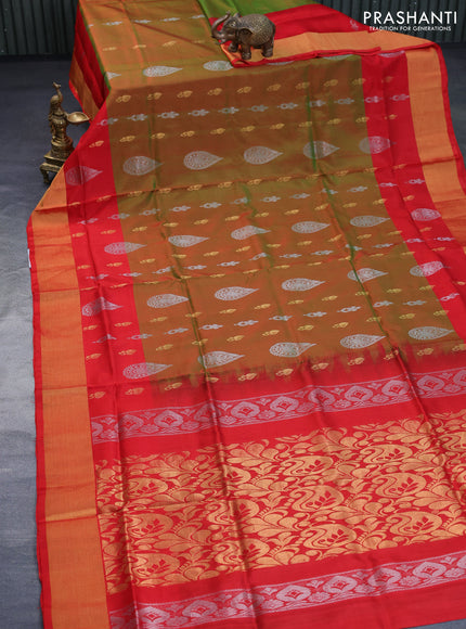 Pure uppada silk saree manthulir green and red with silver & gold zari woven buttas and zari woven border