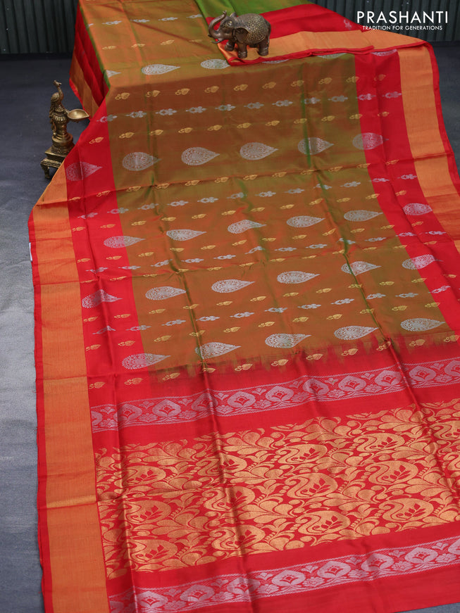 Pure uppada silk saree manthulir green and red with silver & gold zari woven buttas and zari woven border