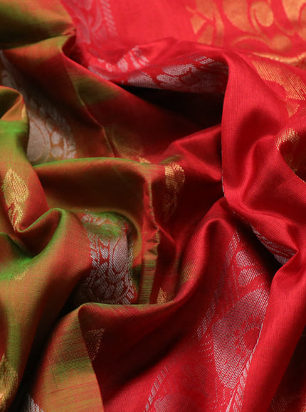 Pure uppada silk saree manthulir green and red with silver & gold zari woven buttas and zari woven border