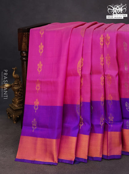 Pure uppada silk saree pink and blue with silver & gold zari woven buttas and zari woven border