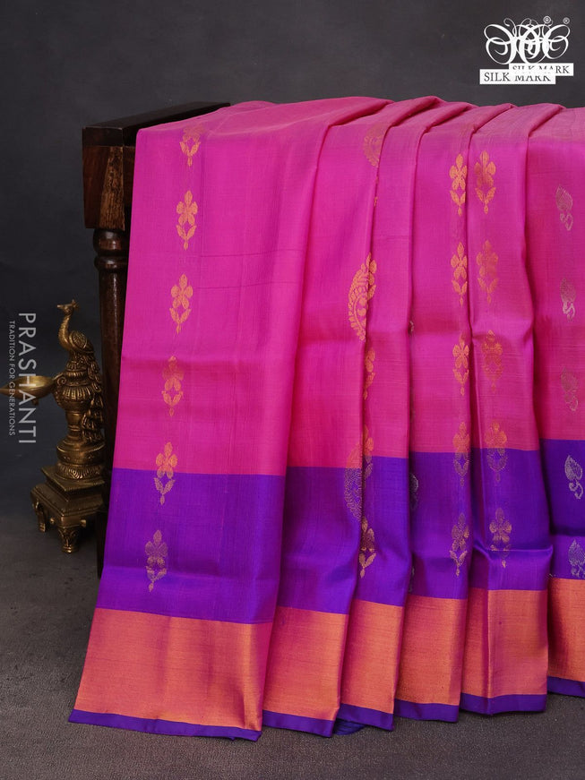 Pure uppada silk saree pink and blue with silver & gold zari woven buttas and zari woven border