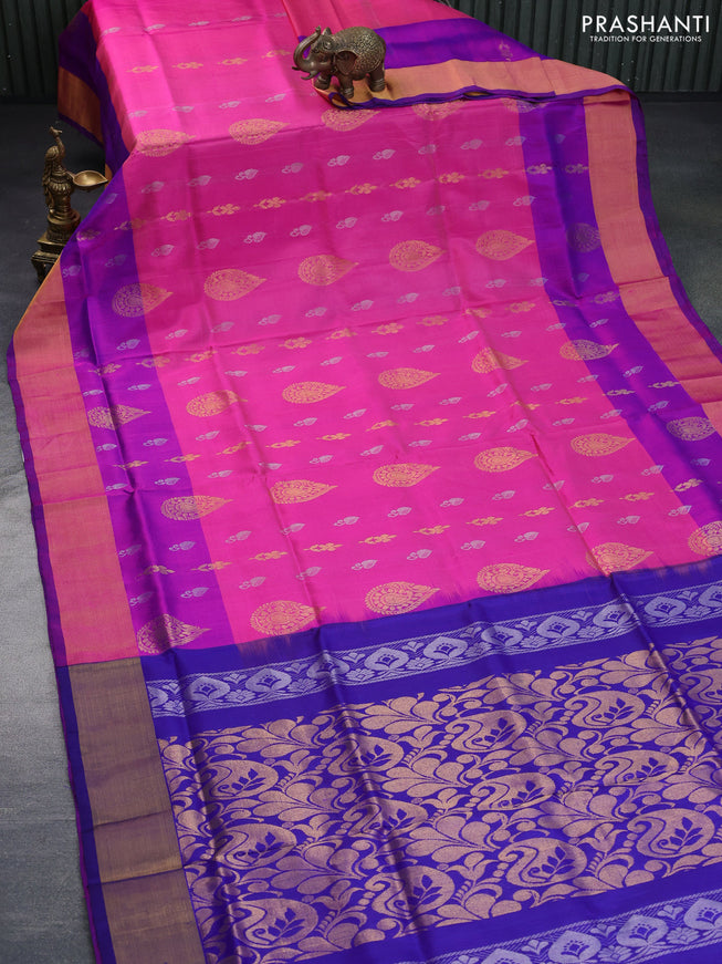 Pure uppada silk saree pink and blue with silver & gold zari woven buttas and zari woven border