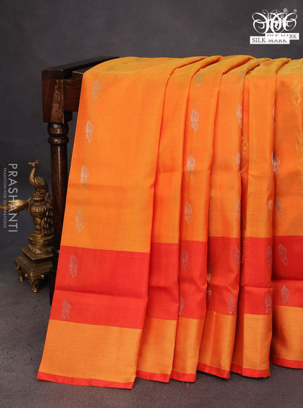 Pure uppada silk saree orange and maroon with silver & gold zari woven buttas and zari woven border