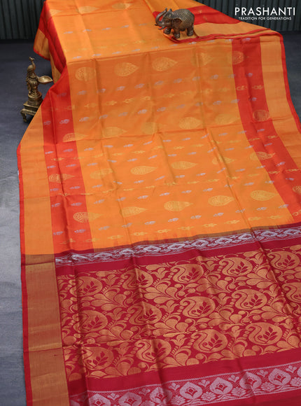 Pure uppada silk saree orange and maroon with silver & gold zari woven buttas and zari woven border