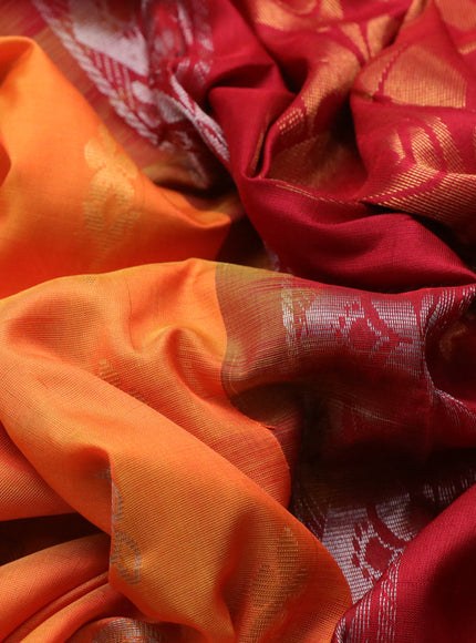 Pure uppada silk saree orange and maroon with silver & gold zari woven buttas and zari woven border