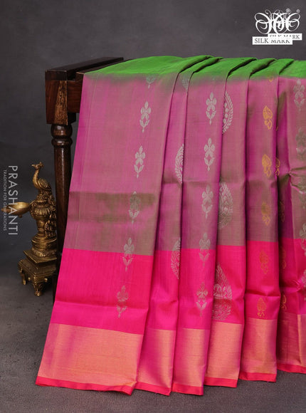 Pure uppada silk saree dual shade of pinkish green and pink with silver & gold zari woven buttas and zari woven border