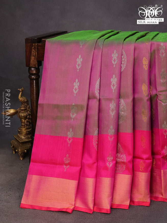 Pure uppada silk saree dual shade of pinkish green and pink with silver & gold zari woven buttas and zari woven border