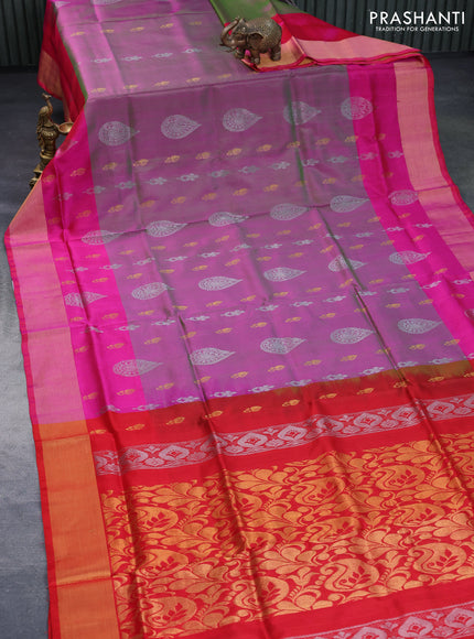 Pure uppada silk saree dual shade of pinkish green and pink with silver & gold zari woven buttas and zari woven border