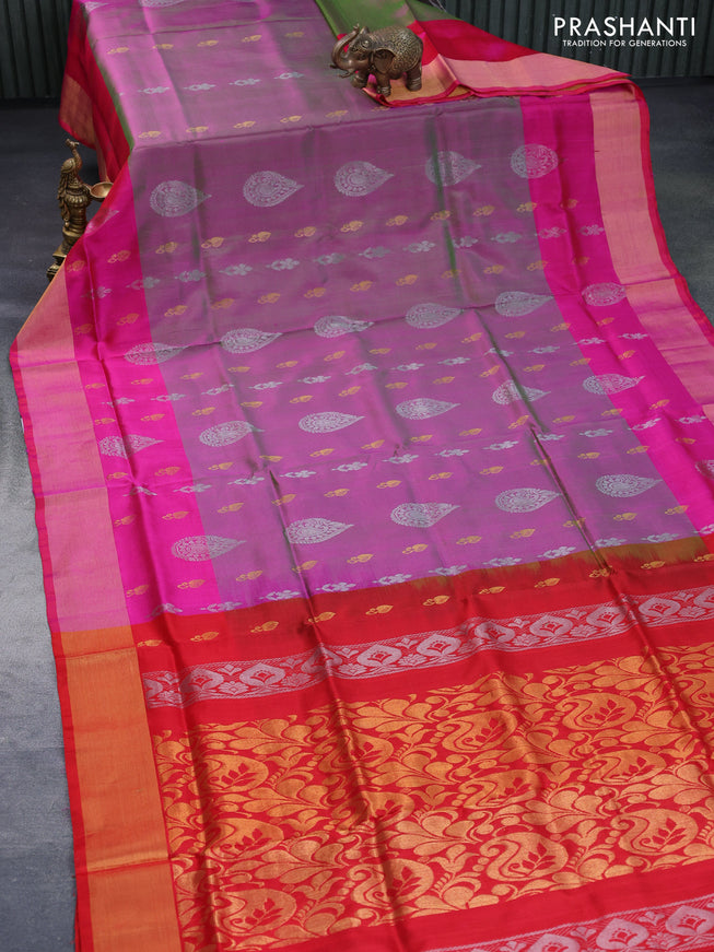 Pure uppada silk saree dual shade of pinkish green and pink with silver & gold zari woven buttas and zari woven border