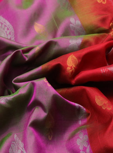 Pure uppada silk saree dual shade of pinkish green and pink with silver & gold zari woven buttas and zari woven border