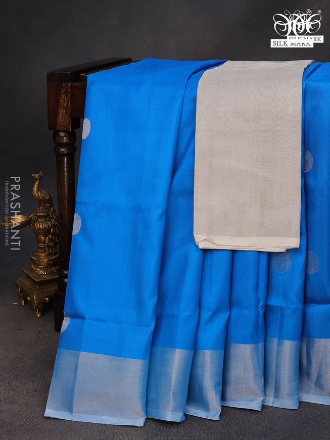 Pure uppada silk saree cs blue with silver zari coin buttas and silver zari woven border