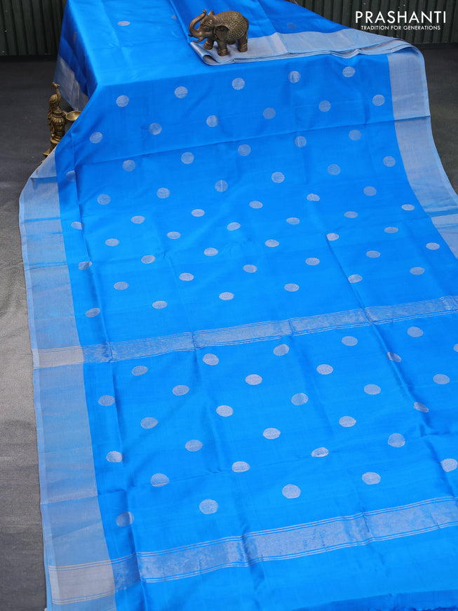 Pure uppada silk saree cs blue with silver zari coin buttas and silver zari woven border