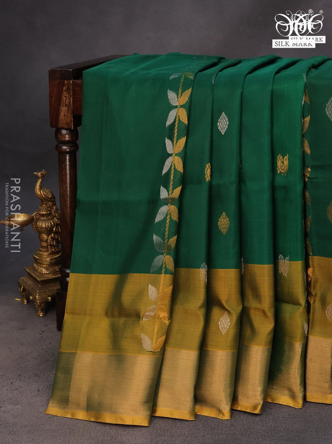 Pure uppada silk saree green and dual shade of yellow with allover zari weaves & buttas and zari woven border