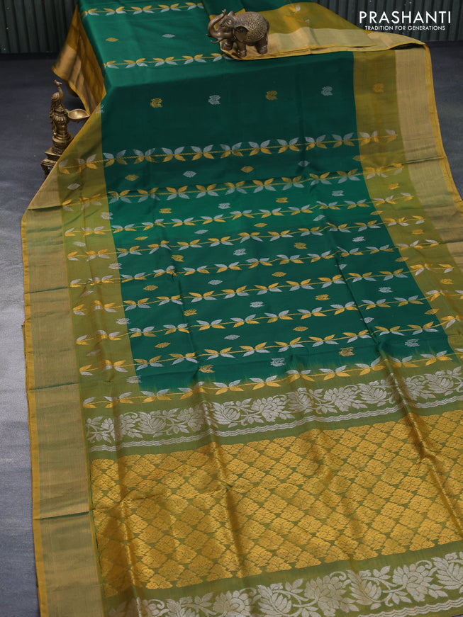 Pure uppada silk saree green and dual shade of yellow with allover zari weaves & buttas and zari woven border