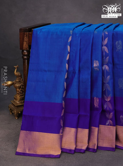 Pure uppada silk saree cs blue and blue with allover zari weaves & buttas and zari woven border