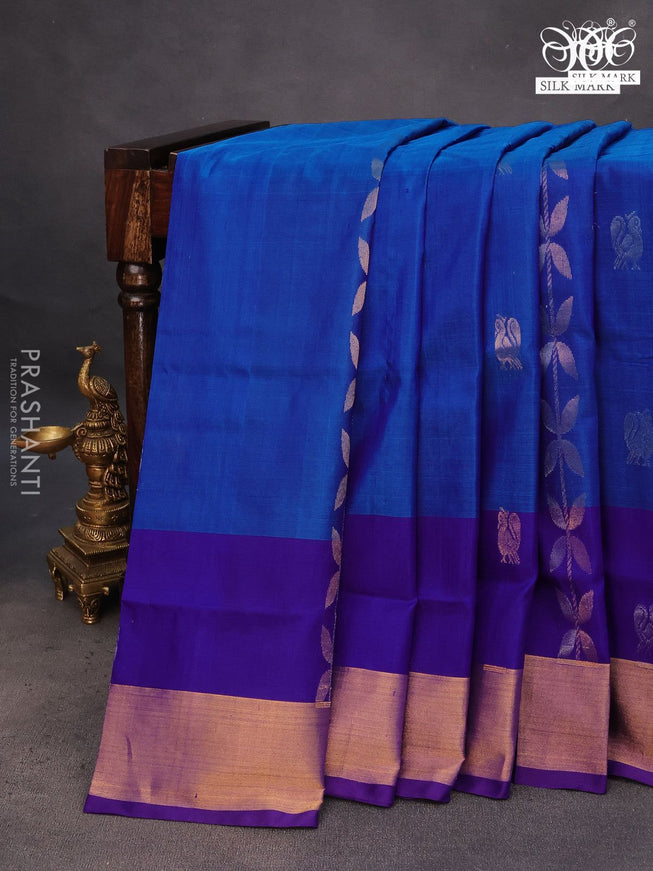 Pure uppada silk saree cs blue and blue with allover zari weaves & buttas and zari woven border