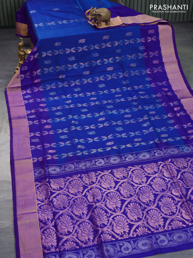 Pure uppada silk saree cs blue and blue with allover zari weaves & buttas and zari woven border