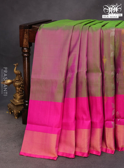 Pure uppada silk saree dual shade of pinkish green and pink with allover zari weaves & buttas and zari woven border