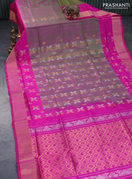 Pure uppada silk saree dual shade of pinkish green and pink with allover zari weaves & buttas and zari woven border