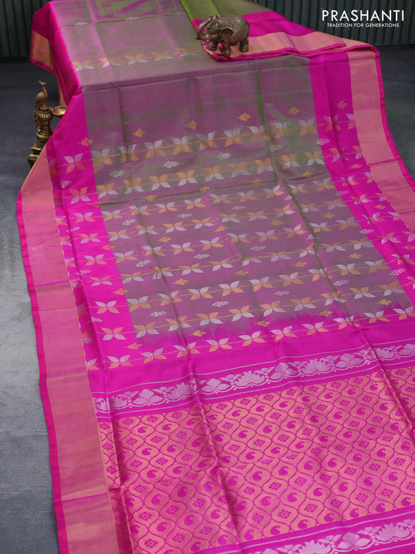 Pure uppada silk saree dual shade of pinkish green and pink with allover zari weaves & buttas and zari woven border