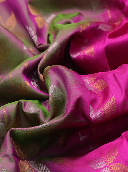 Pure uppada silk saree dual shade of pinkish green and pink with allover zari weaves & buttas and zari woven border