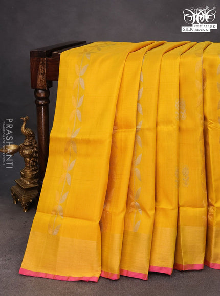 Pure uppada silk saree yellow and purple with allover zari weaves & buttas and zari woven border