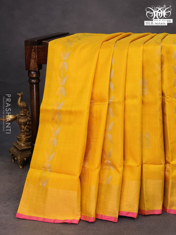 Pure uppada silk saree yellow and purple with allover zari weaves & buttas and zari woven border