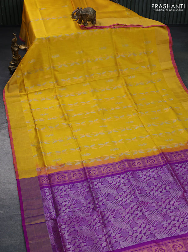 Pure uppada silk saree yellow and purple with allover zari weaves & buttas and zari woven border