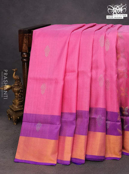 Pure uppada silk saree pink and blue with allover zari weaves & buttas and zari woven border