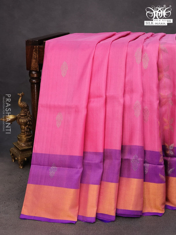 Pure uppada silk saree pink and blue with allover zari weaves & buttas and zari woven border