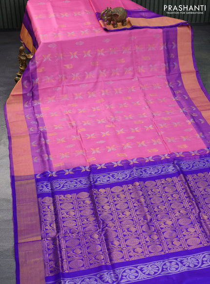 Pure uppada silk saree pink and blue with allover zari weaves & buttas and zari woven border