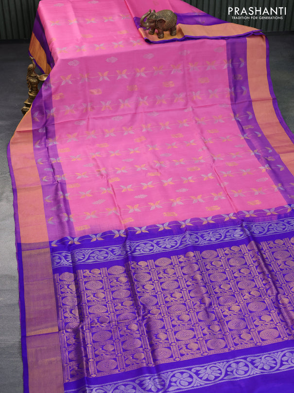 Pure uppada silk saree pink and blue with allover zari weaves & buttas and zari woven border