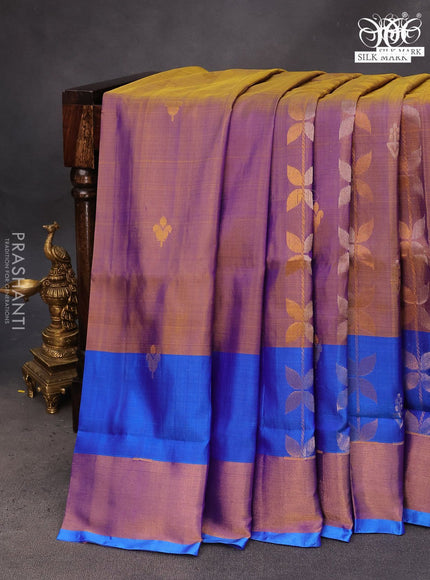 Pure uppada silk saree dual shade of bluish yellow and blue with allover zari weaves & buttas and zari woven border