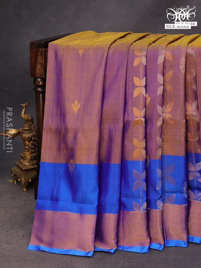 Pure uppada silk saree dual shade of bluish yellow and blue with allover zari weaves & buttas and zari woven border