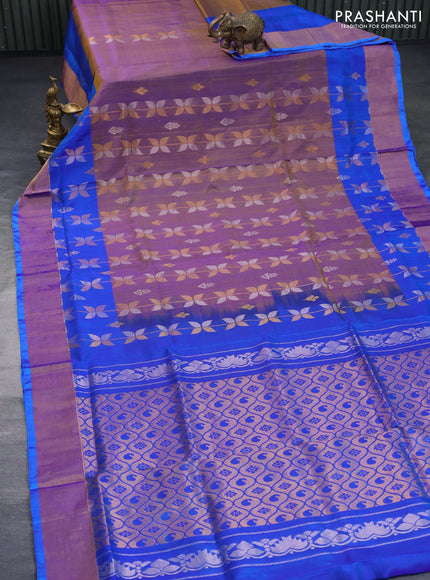 Pure uppada silk saree dual shade of bluish yellow and blue with allover zari weaves & buttas and zari woven border