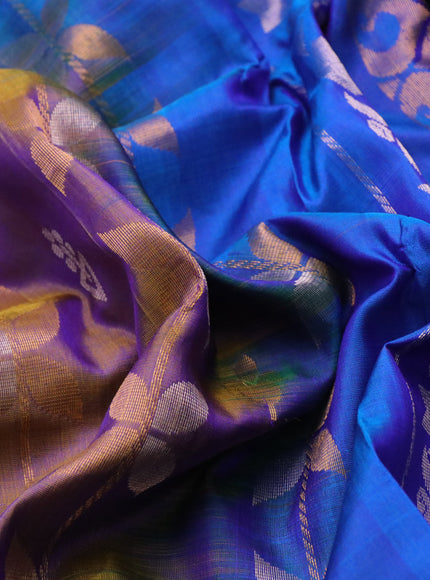 Pure uppada silk saree dual shade of bluish yellow and blue with allover zari weaves & buttas and zari woven border