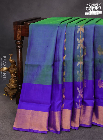 Pure uppada silk saree dual shade of bluish green and blue with allover zari weaves and zari woven border