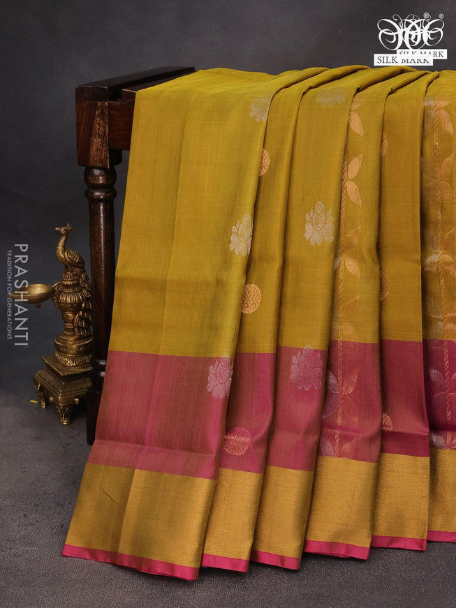 Pure uppada silk saree mehendi green and pink with allover zari weaves and zari woven border