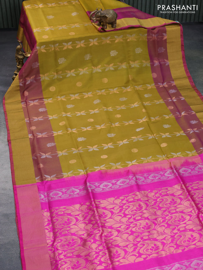 Pure uppada silk saree mehendi green and pink with allover zari weaves and zari woven border