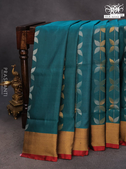 Pure uppada silk saree peacock green and maroon with allover silver & zari weaves and zari woven border